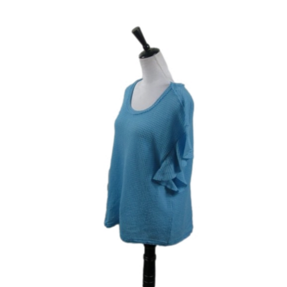 Cato Turquoise Waffle Knit Ruffle Sleeve Top Size Large - Picture 2 of 4